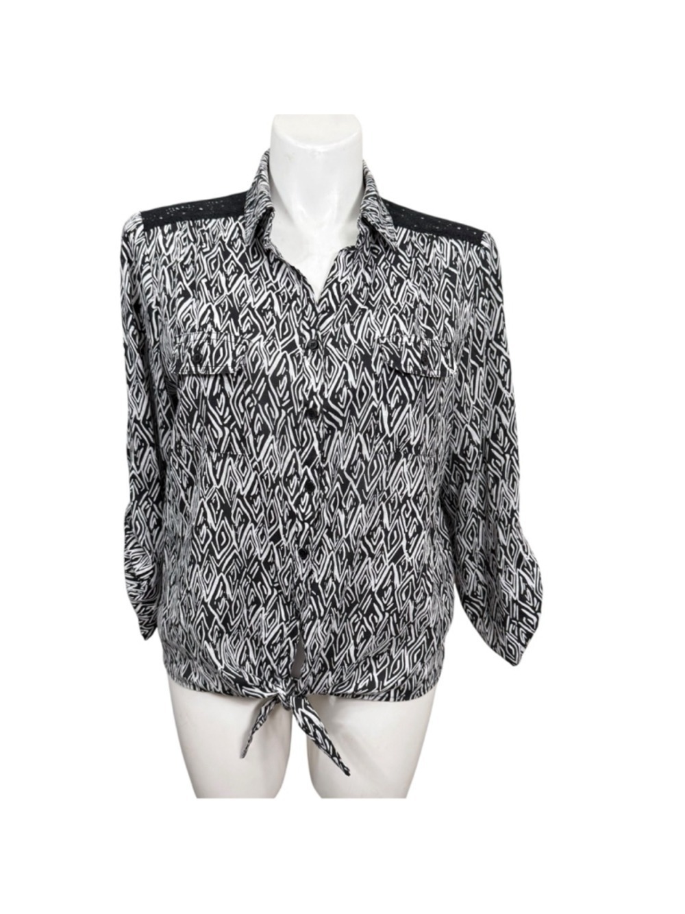 Westbound XL Black White Geometric Tie Front Blouse Crochet Yoke